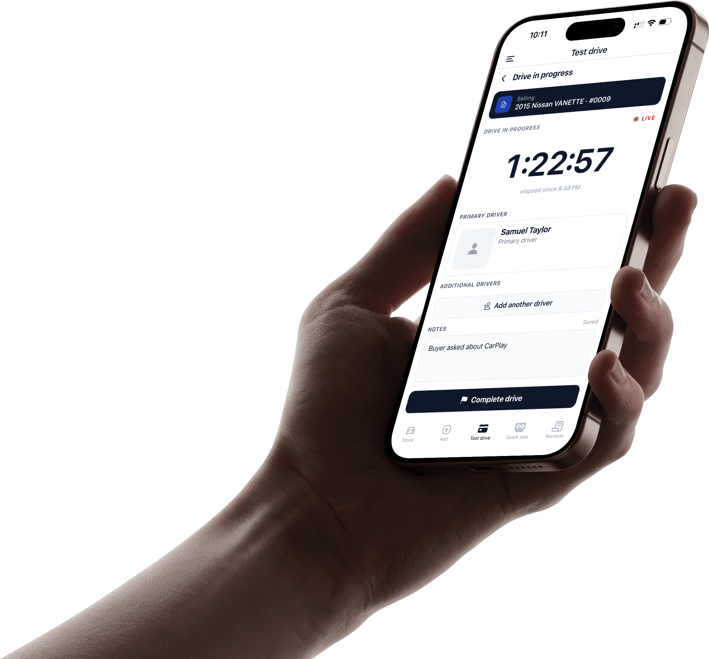 A live test drive timer on iPhone, held in hand