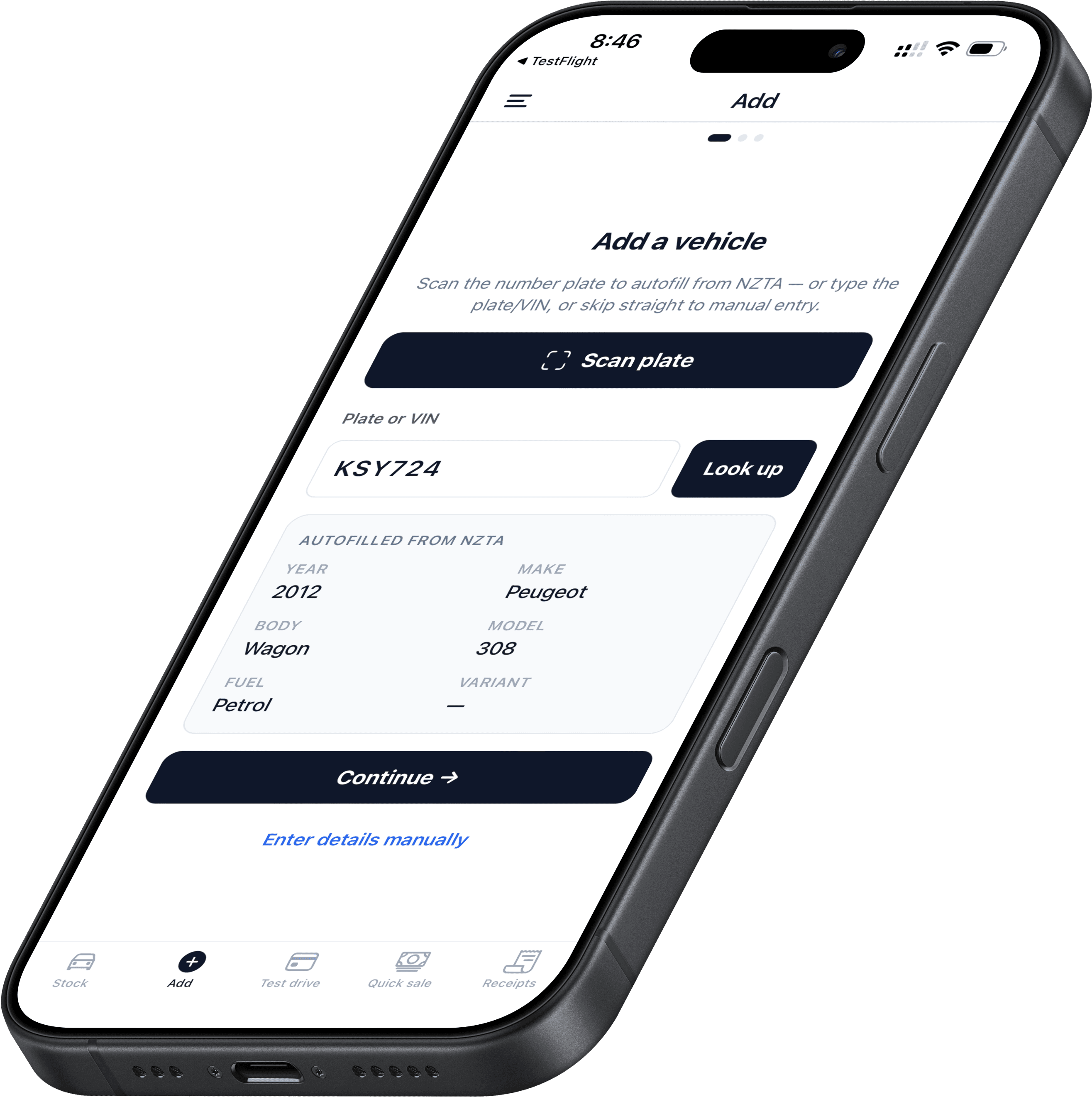 Scanning a plate to add a vehicle on iPhone