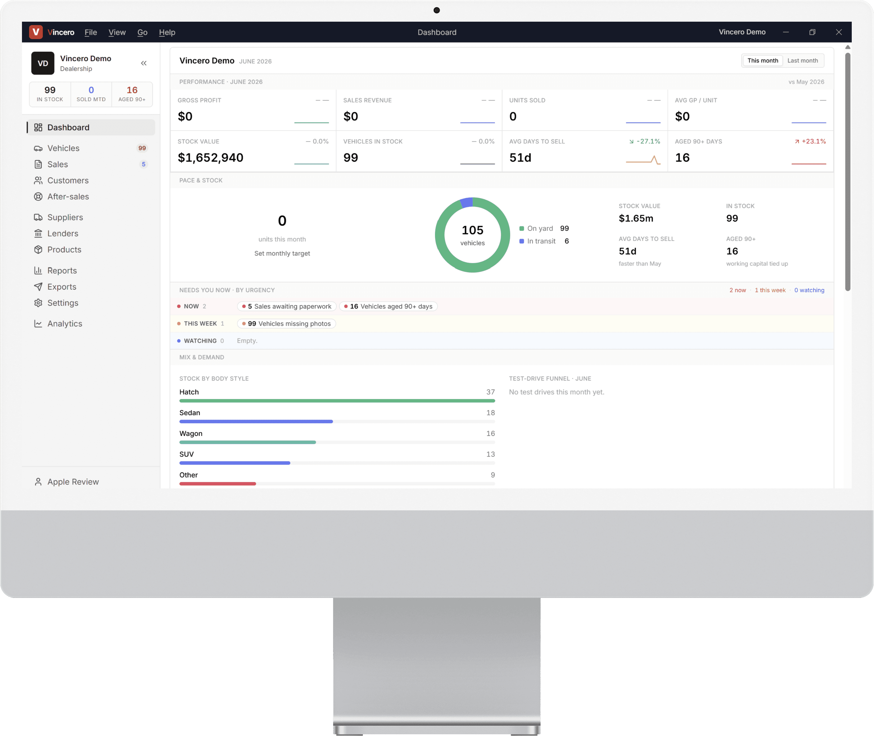 The Vincero desktop DMS dashboard on an iMac