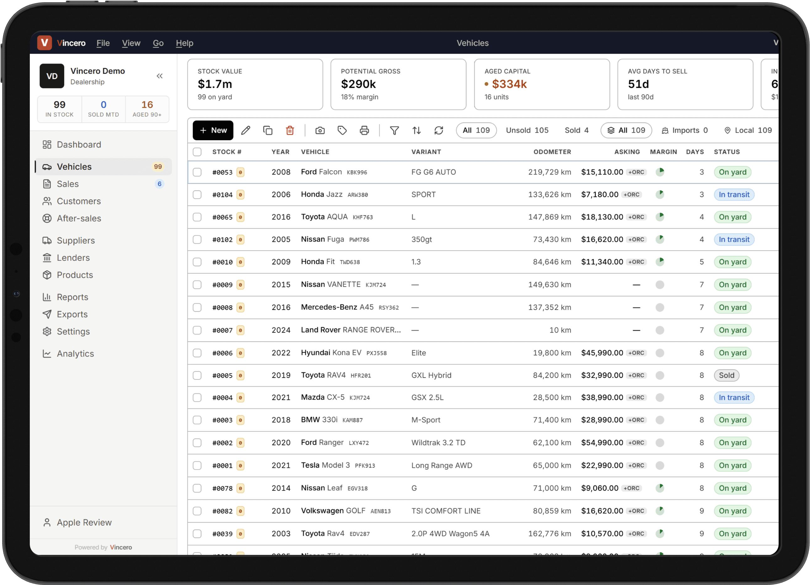 Vincero stock list on iPad