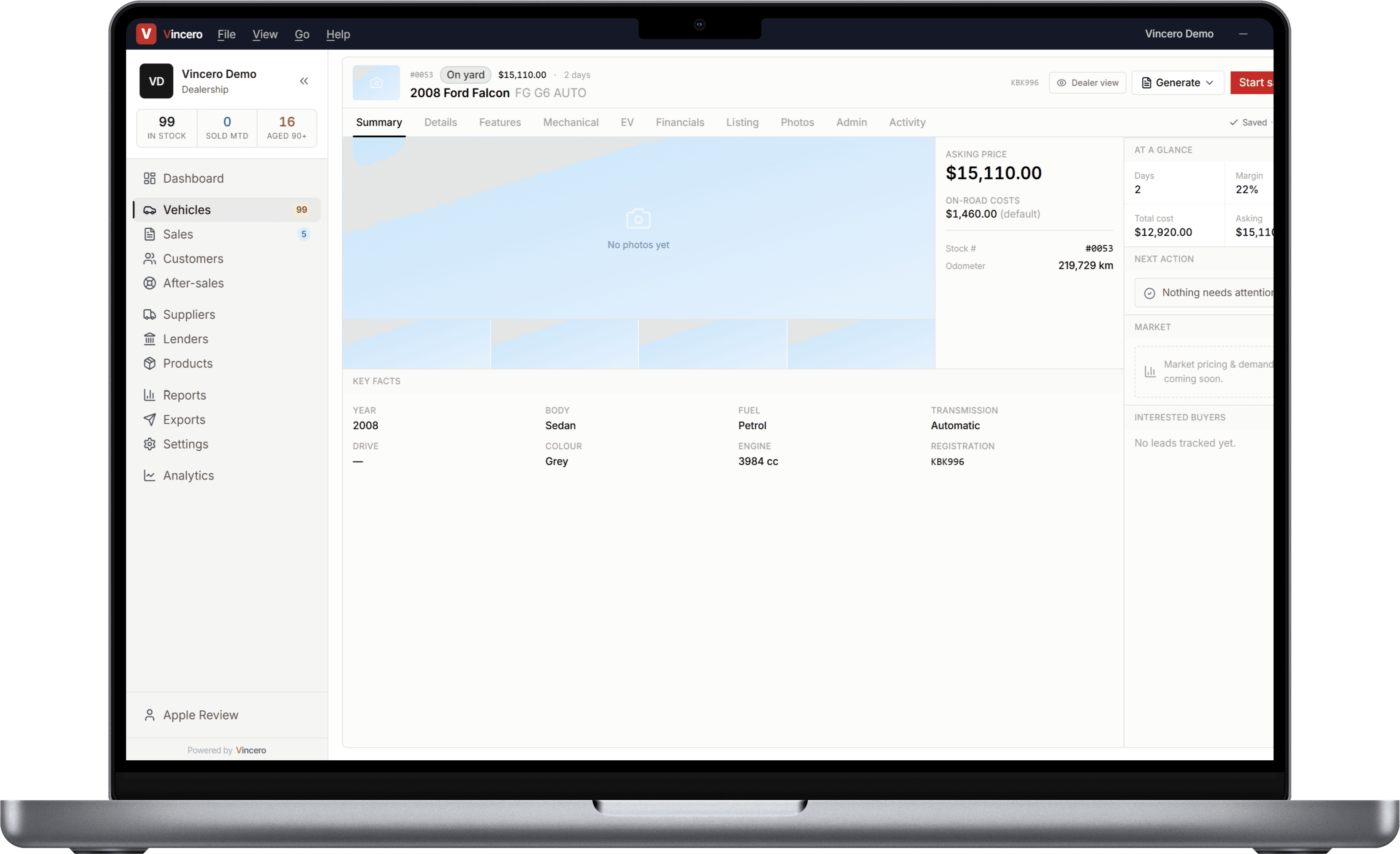 A vehicle record in the Vincero web app on MacBook